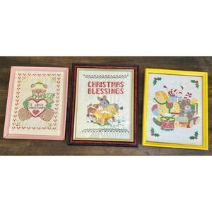 Vintage Christmas Embroidered Wall Art Set – Stamped Cross Stitch 8.5x11 Frames